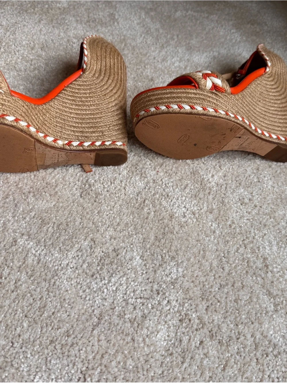 Gucci Orange Braided Espadrille Wedge Sandals
